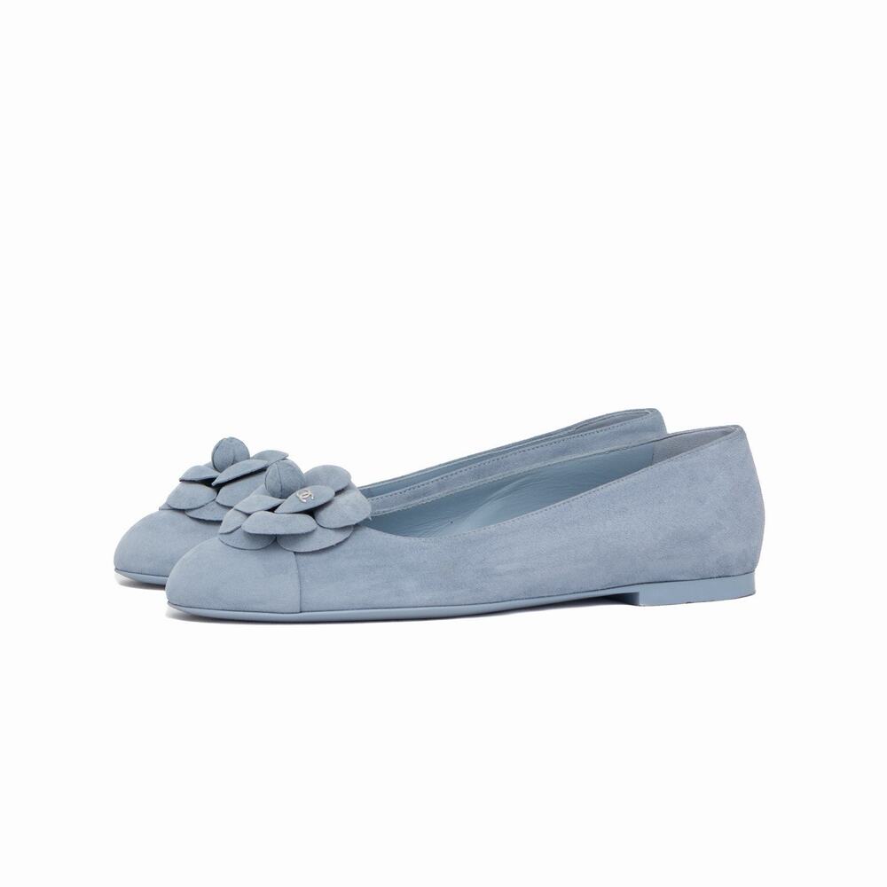 CHANEL 24P Suede Interlocking CC Camellia Cap Ballet Flats Blue Size 39 US 9 - Picture 5 of 16